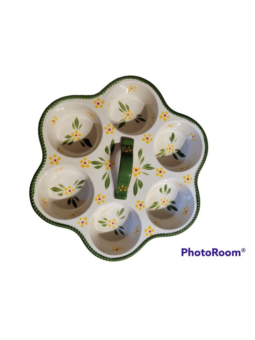 Temptations by Tara Old World Ceramic Muffin Baker Handle Green Cream Florals